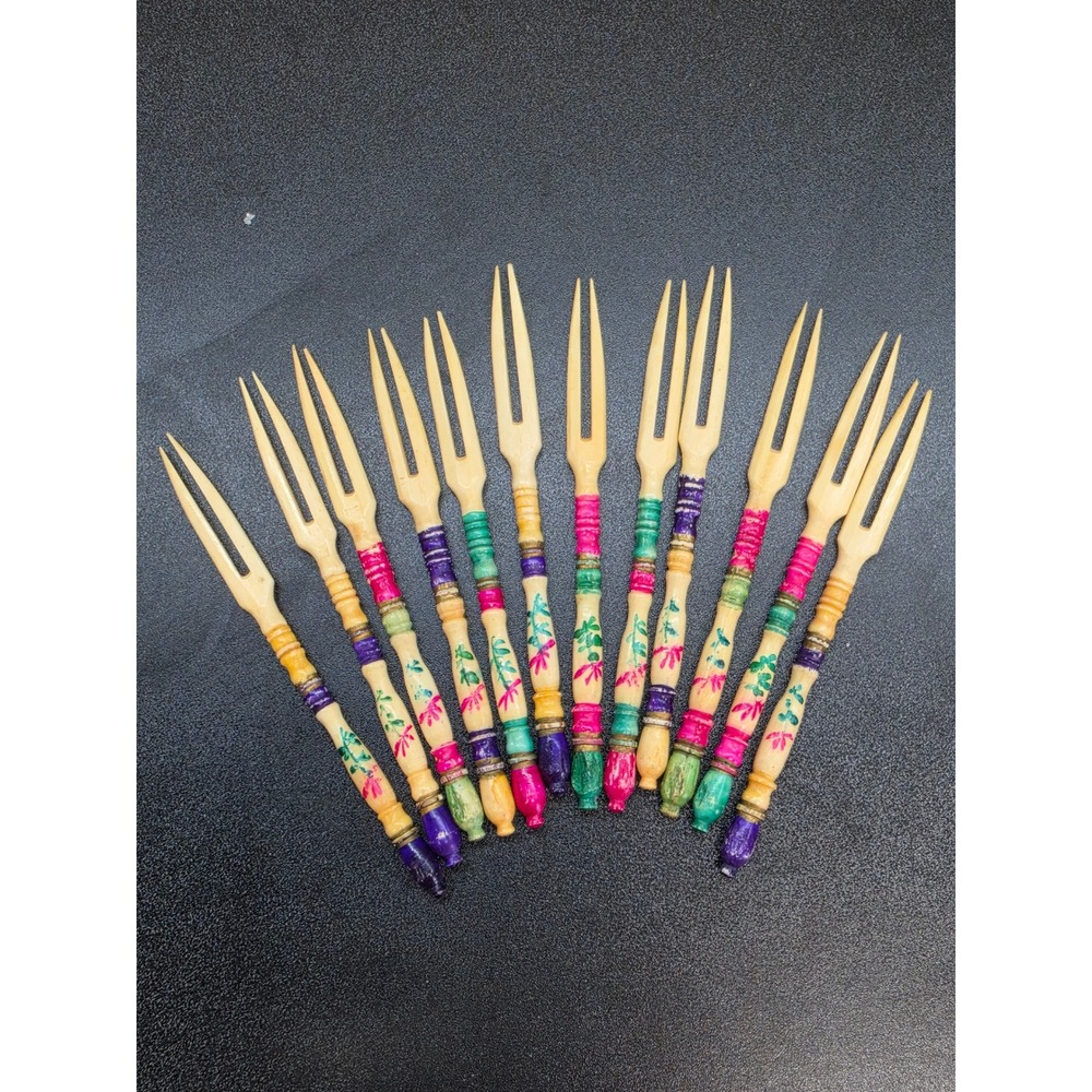Vintage Hand Painted Floral Bone Cocktail Forks Set of 12 Appetizer Picks